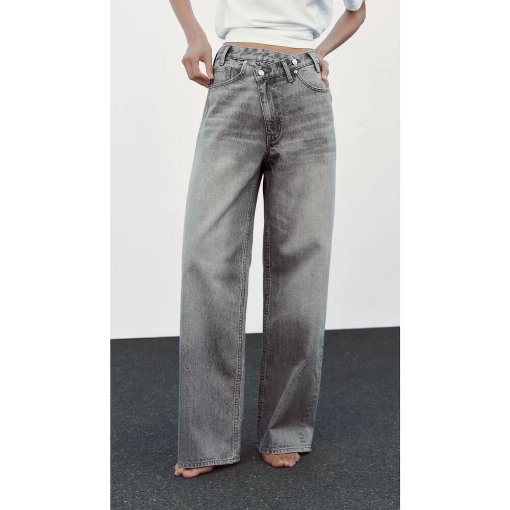 Zara Mid-Rise Wide Leg Cross Waist Jeans - grey - Size 2